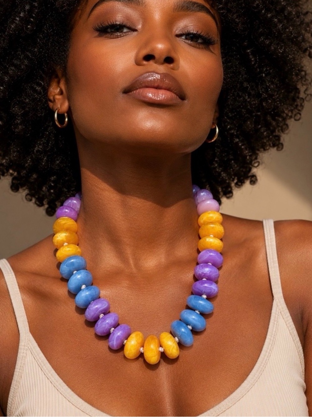 Chunky Multicolor Resin Bead Necklace - Yellow Blue Purple Summer Jewelry
